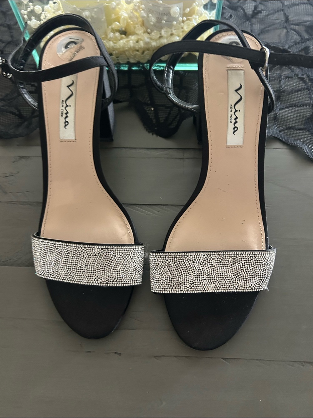 Nina Black Sandal with Silver Crystal Front Strap
